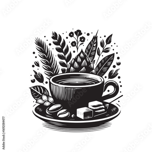 Cup og coffee. Coffee grains and chocolate. Vector illustrstion for poster or logo.