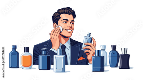 Smiling handsome man in suit applying shaving cream to his face while holding a cologne bottle surrounded by various grooming products