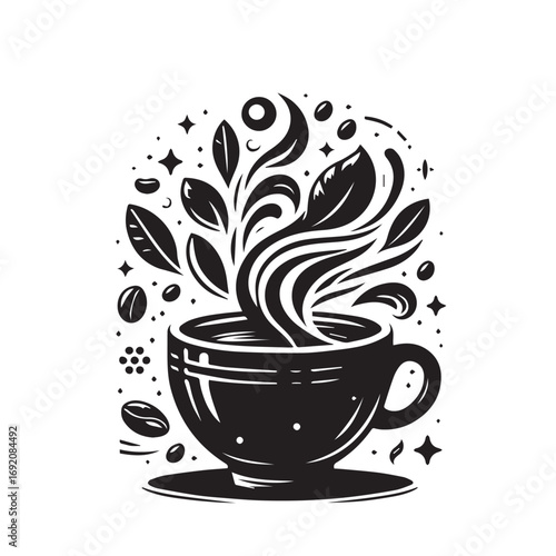 Cup og coffee. Coffee grains and chocolate. Vector illustrstion for poster or logo.