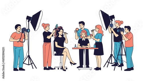 Creative team collaborating on a professional photoshoot with models makeup artists photographers and lighting equipment in a studio setting