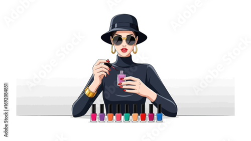Stylish woman in a hat and sunglasses applying nail polish with a collection of colorful nail polish bottles lined up in front of her