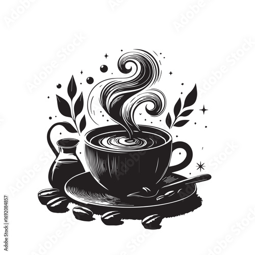 Cup og coffee. Coffee grains and chocolate. Vector illustrstion for poster or logo.