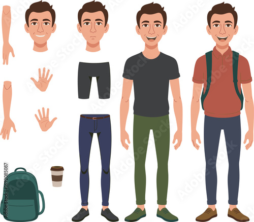 Young man character design with various outfits and accessories for animation and illustration