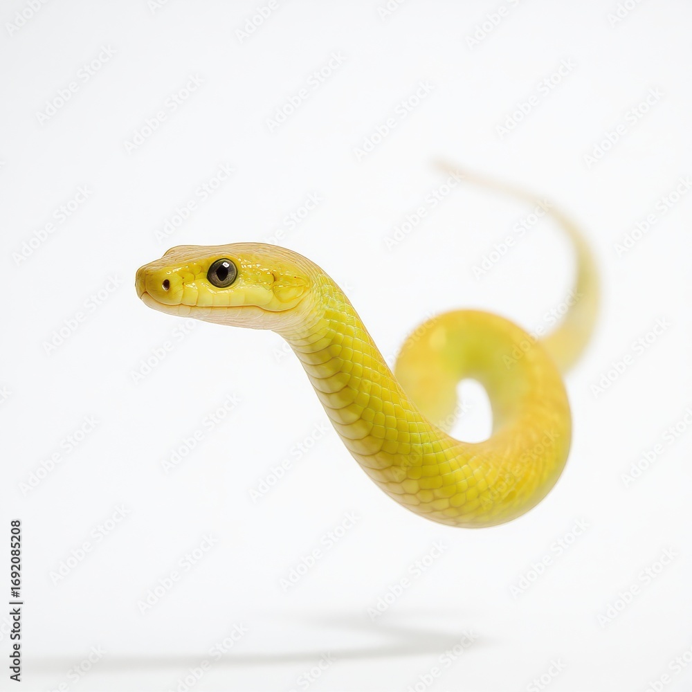 Fototapeta premium Bright yellow snake effortlessly floating against a plain background, showcasing its distinct features and texture