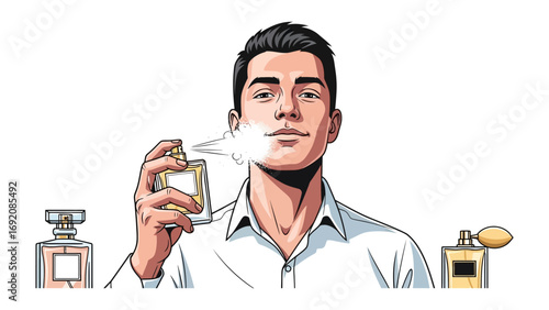 Stylish young man applying cologne or perfume from a spray bottle with two elegant fragrance bottles on either side white background illustration
