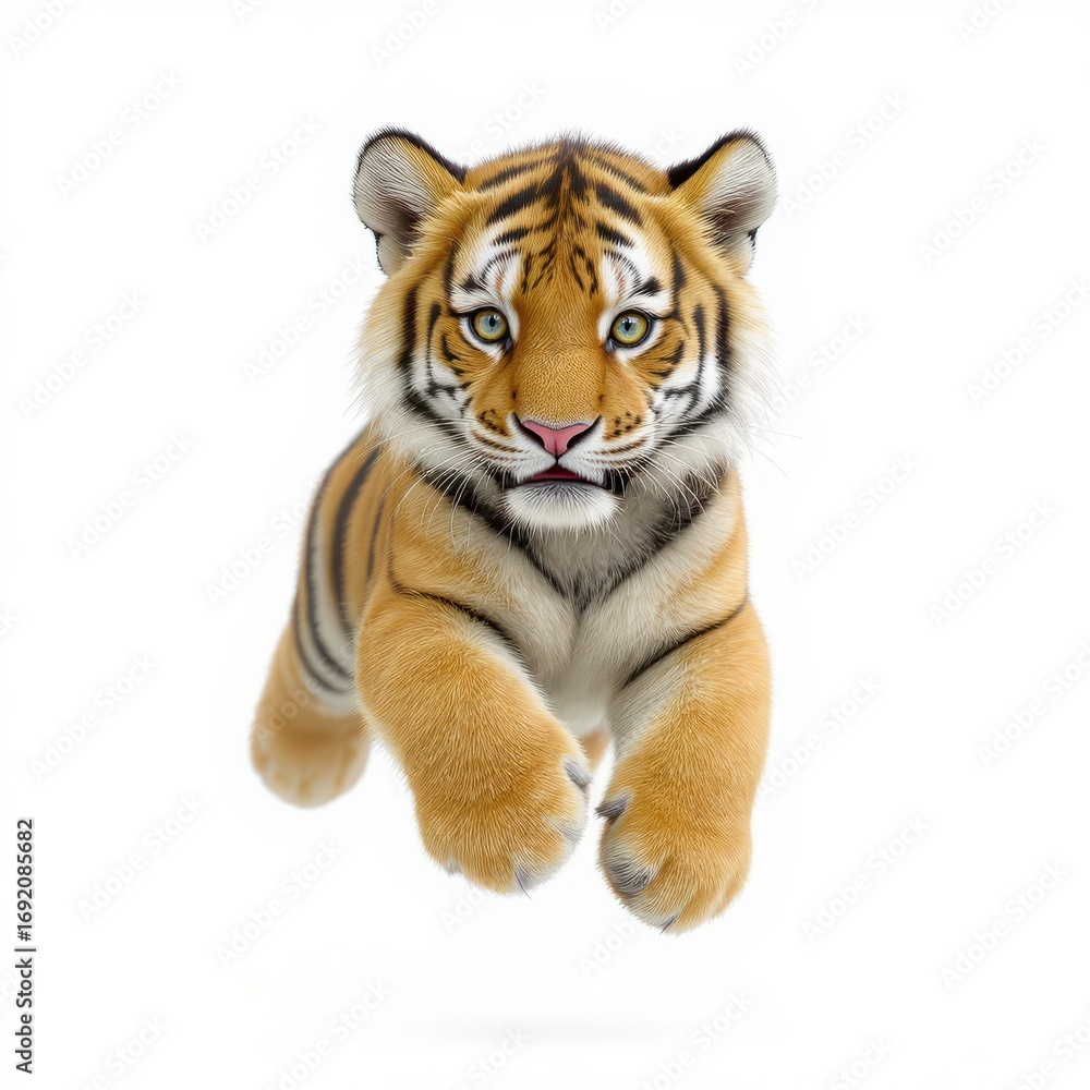 Obraz premium Running tiger cub leaps forward with playful energy in a clean white background setting