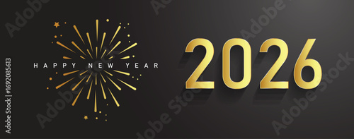 2026 Happy new year celebration greeting card, sparkler font and firework isolated background