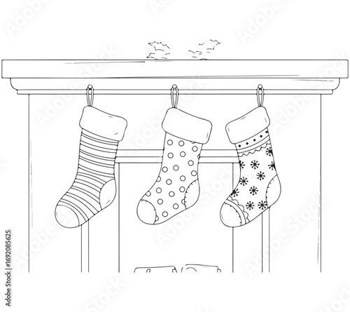 Christmas Stockings Hanging on Fireplace Mantel Line Art