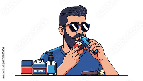 Stylish bearded man with sunglasses grooming his beard with an electric trimmer surrounded by grooming products and bottles on a white background