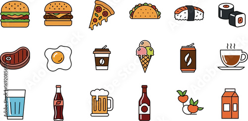 Colorful icons representing diverse popular foods and drinks for a fun meal collection