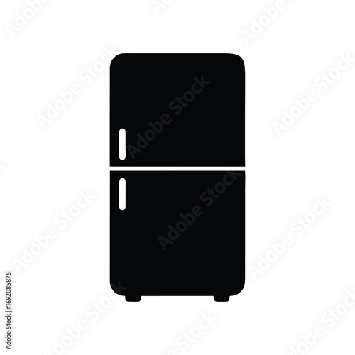 A simple black silhouette icon of a two-door refrigerator with a freezer, isolated on a white background.
