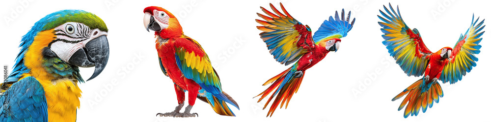 Fototapeta premium Set of tropical parrots isolated on transparent background PNG
