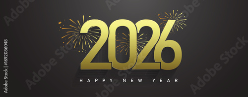 2026 Happy new year celebration greeting card, sparkler font and firework isolated background