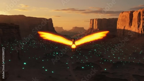 A mystical figure with glowing wings soars above a canyon at sunset, surrounded by ethereal lights