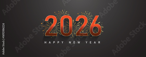 2026 Happy new year celebration greeting card, sparkler font and firework isolated background