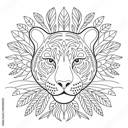 Zentangle Big Cat Coloring Page for Adults | Printable Leopard with Leaf Mane | Detailed Line Art for Stress Relief, Mindful Coloring