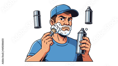 Man with serious expression shaving his face with a razor and shaving cream holding a can of foam with two other cans in the background