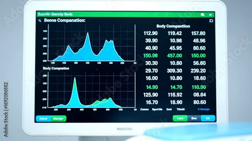 Close-up of a medical monitor displaying detailed body composition and bone density analysis results with graphs and charts.