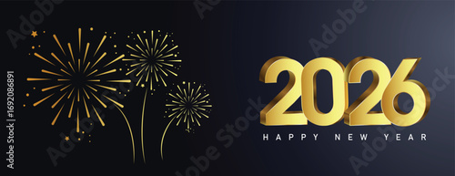 2026 Happy new year celebration greeting card, sparkler font and firework isolated background