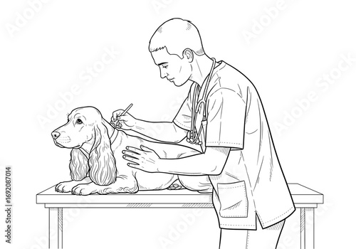 Veterinarian, focused mood, checking Cocker Spaniel dog, veterinary clinic