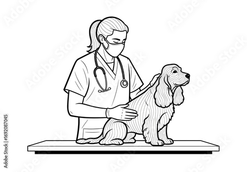 Veterinarian, caring mood, examining Cocker Spaniel dog, veterinary clinic