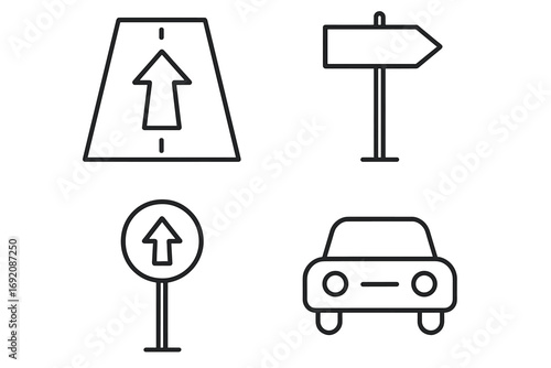 Road signs and car outline: directional arrow, signpost, traffic symbol, vehicle icon