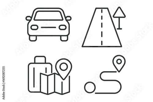 Car journey icons: vehicle, road, luggage, map, destination route symbols in simple line style