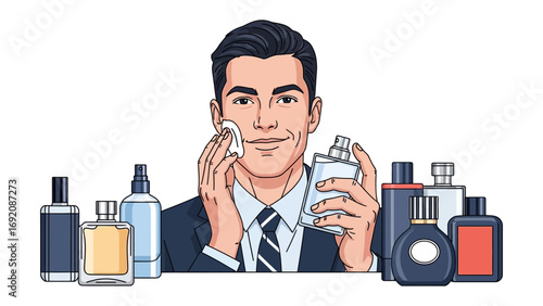 Stylish man applying cologne or aftershave to his face surrounded by various fragrance bottles for a sophisticated grooming routine