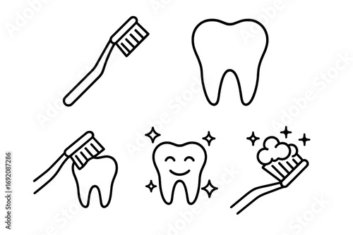 Dental hygiene icons: toothbrush, tooth, smiling tooth, brushing, bubbles