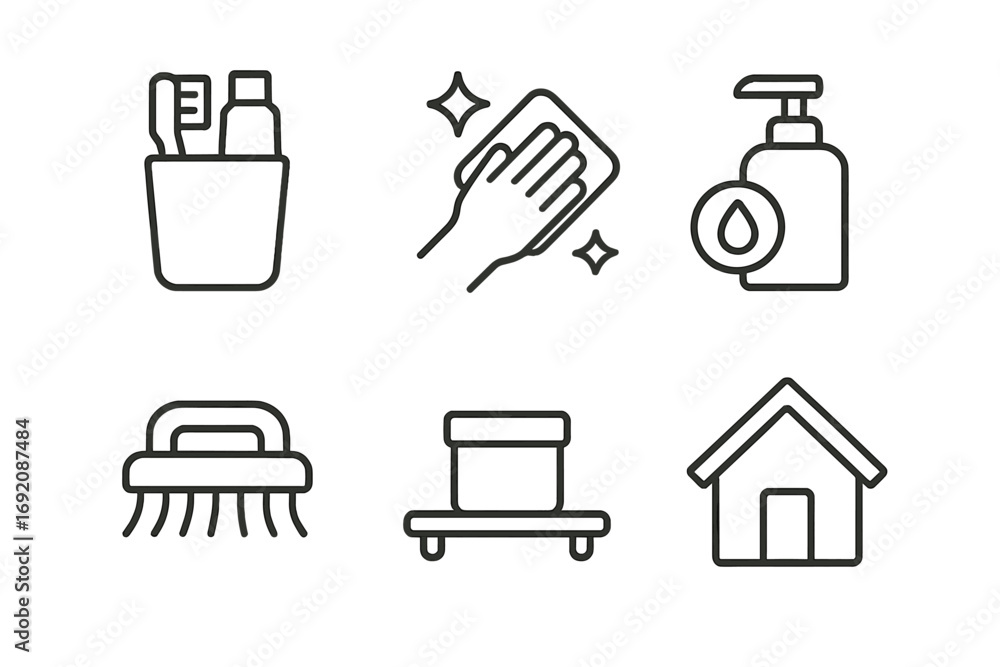 Fototapeta premium Minimalist line icons: cleaning, hygiene, household essentials