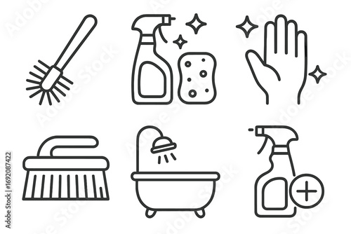 Cleaning tools and supplies icons: brush, spray bottle, sponge, glove, bathtub, disinfectant
