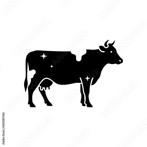Black Silhouette of Dairy Cow in Flat Vector Style on Transparent Background – Suitable for Agriculture Projects, Food Industry Labels, and Eco Farming Campaigns