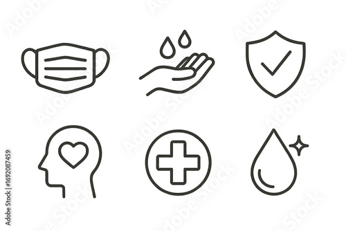 Health safety icons including mask, sanitizing, shield, mindfulness, medical, hydration