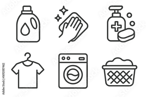 Household cleaning and laundry icons: detergent, washing machine, soap, laundry basket, t-shirt, cloth