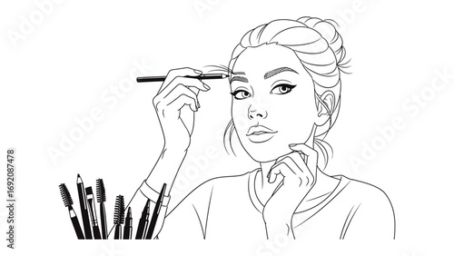 Close up black and white sketch of a young woman applying eyebrow makeup with a brush focusing on her facial features and beauty routine