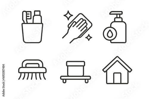 Minimalist line icons: cleaning, hygiene, household essentials