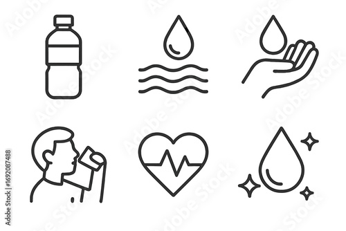 Hydration icons set: water bottle, droplets, drinking, heartbeat, wellness