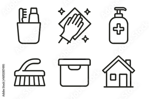 Household cleaning icons: brush, soap, cloth, toothbrush, box, house