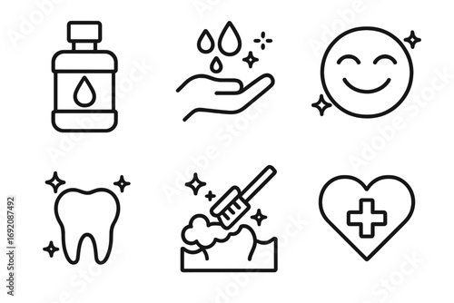 Dental care icons: mouthwash, handwashing, health, tooth, brushing, heart