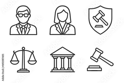 Legal icons: male and female figures, gavel, scales, courthouse, justice shield