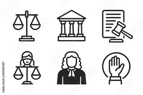Black and white legal icons: scales, courthouse, gavel, justice, and hand symbols