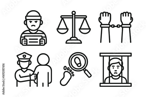 Criminal justice icons: prisoner, handcuffs, scales, officer, investigation, jail