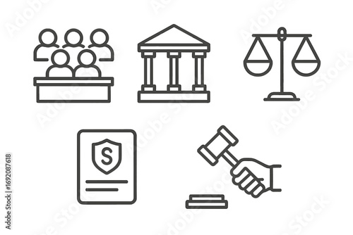 Law and justice icons: courtroom, scales, gavel, legal document