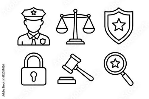 Law enforcement symbols: police, justice scale, badge, lock, gavel, magnifying glass icons