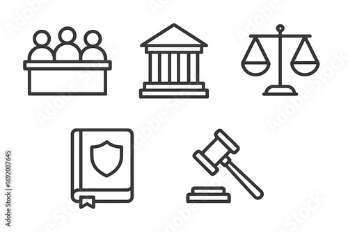 Icons representing courtroom, government building, scales of justice, law book, and judge gavel