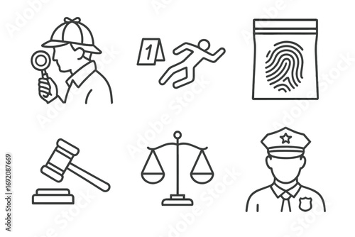 Crime scene icons - detective, crime scene, evidence, gavel, scales, police officer