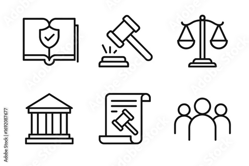 Law and justice icons: book, gavel, scales, courthouse, document, people