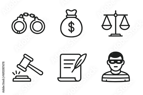 Crime and justice icons: handcuffs, money bag, scales, gavel, contract, criminal