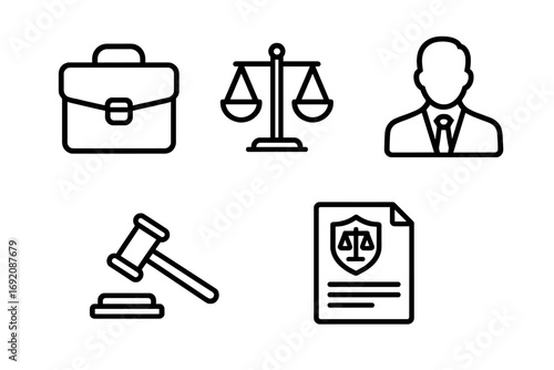 Legal symbols including briefcase, scales of justice, male lawyer, gavel, legal document