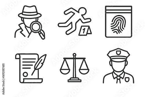 Crime investigation icons: detective, crime scene, fingerprint, document, justice scales, policeman